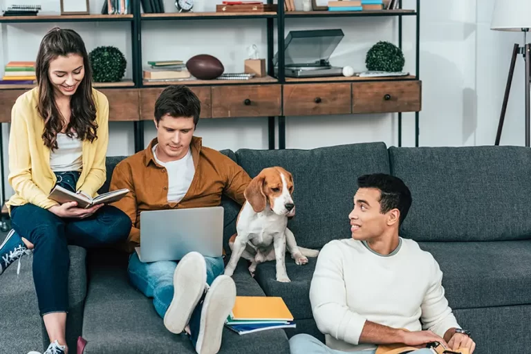 Smiling students studying with a pet dog.